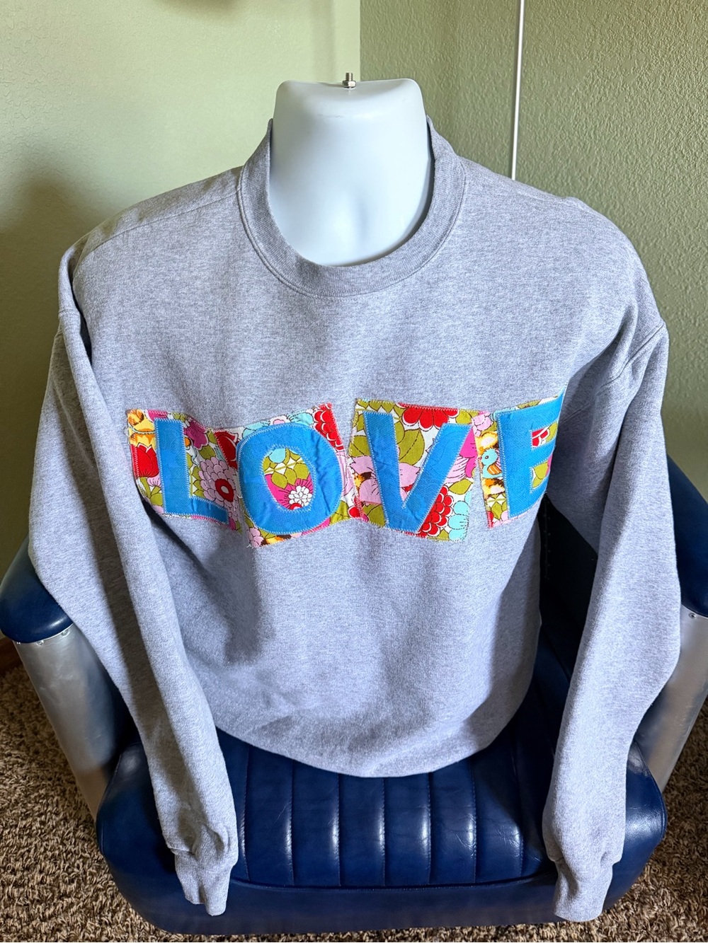 Hanes Gray Crewneck Sweatshirt with Multicolor Floral "LOVE" Applique